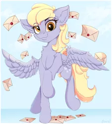 Size: 3000x3322 | Tagged: safe, artist:buru-misu, derpibooru import, derpy hooves, pegasus, pony, cheek fluff, chest fluff, cute, derpabetes, ear fluff, female, high res, leg fluff, letter, looking at you, mare, solo