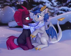 Size: 1732x1374 | Tagged: safe, artist:lightning-stars, derpibooru import, fizzlepop berrytwist, tempest shadow, oc, dragon, pony, unicorn, blushing, canon x oc, clothes, commission, female, male, oc dragon, pale belly, rcf community, scarf, shared clothing, shared scarf, shipping, snow, snowfall, straight, together, winter, ych result