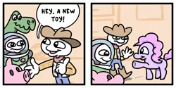 Size: 1000x500 | Tagged: safe, artist:stonetoss, derpibooru import, edit, pinkie pie, earth pony, pony, buzz lightyear, comic, female, good end, male, mare, stonetoss, toy, toy story, woody