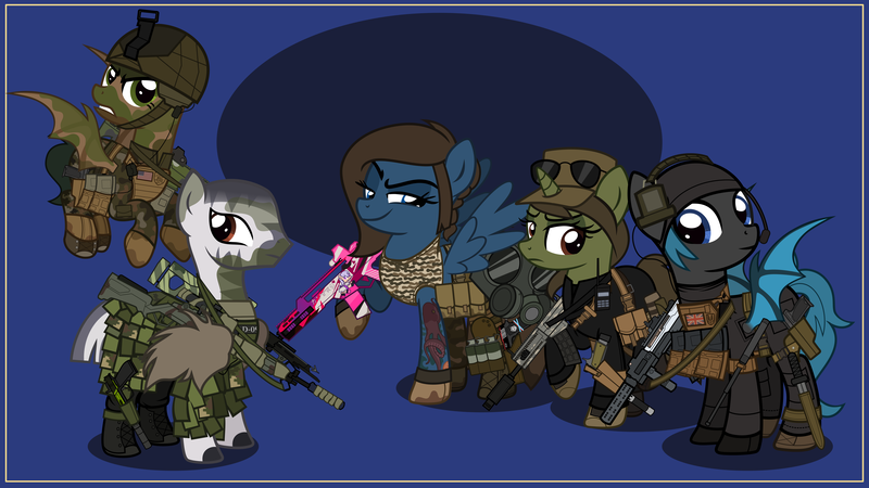 Size: 6000x3378 | Tagged: safe, artist:n0kkun, derpibooru import, oc, oc:fire arrows, oc:rapid fire (ice1517), oc:silent burst, oc:smoke jewel, oc:starkiller shadow, unofficial characters only, bat pony, pegasus, pony, unicorn, zebra, american flag, armor, arrow, assault rifle, bat pony oc, bat wings, baton, beanie, belt, blue background, boots, camouflage, clothes, commission, crossbow, dirt, face paint, female, flag, flying, g36, gas mask, ghillie suit, gloves, grenade, gritted teeth, group, gun, handgun, hat, headset, helmet, holster, jacket, knife, m14, m1911, mare, mask, midriff, mud, p226, pants, pistol, pouch, radio, raised hoof, raised leg, rifle, shirt, shoes, shotgun, simple background, smiling, smirk, smug, spy suit, sunglasses, tanktop, tattoo, torn clothes, wall of tags, weapon, wings, zebra oc