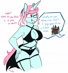 Size: 1675x1790 | Tagged: suggestive, artist:redxbacon, derpibooru import, oc, oc:history quill, oc:parch well, unofficial characters only, anthro, unicorn, anthro oc, armpits, black underwear, bra, breasts, clothes, dialogue, female, horn, mare, panties, simple background, underwear, unicorn oc