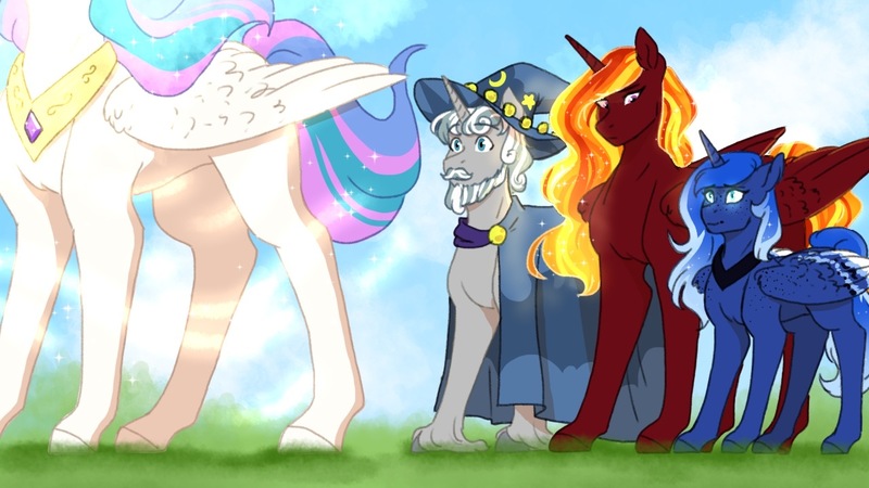 Size: 1280x720 | Tagged: safe, artist:vennyredmoon, deleted from derpibooru, derpibooru import, princess celestia, princess luna, star swirl the bearded, oc, oc:pierced dawn, alicorn, pony, unicorn, alicorn oc, cloak, clothes, female, freckles, hat, horn, jewelry, male, mare, offscreen character, raising the sun, regalia, stallion, story included, unshorn fetlocks, wing freckles, wings, wizard hat