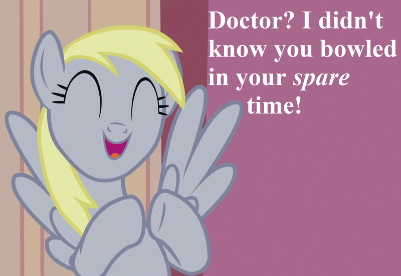 Size: 1568x1080 | Tagged: bowling alley, cropped, cute, derpabetes, derpibooru import, derpy hooves, edit, edited screencap, implied doctor whooves, pun, safe, screencap, slice of life (episode), speech, talking