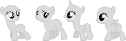 Size: 1164x386 | Tagged: safe, artist:maddieadopts, derpibooru import, oc, unofficial characters only, earth pony, pegasus, pony, unicorn, bald, base, earth pony oc, eyelashes, female, filly, horn, open mouth, pegasus oc, simple background, smiling, transparent background, unicorn oc, wings, worried