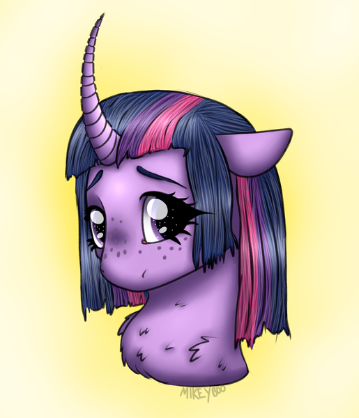 Size: 1011x1177 | Tagged: safe, artist:mikeyboo, derpibooru import, twilight sparkle, alicorn, pony, curved horn, horn, solo