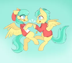 Size: 1600x1400 | Tagged: safe, artist:vert_glamis, derpibooru import, barley barrel, pickle barrel, pegasus, pony, rainbow roadtrip, brother and sister, clothes, colt, cute, duo, female, filly, flying, hat, male, no pupils, siblings, sky, spread wings, sweater, tongue out, wings