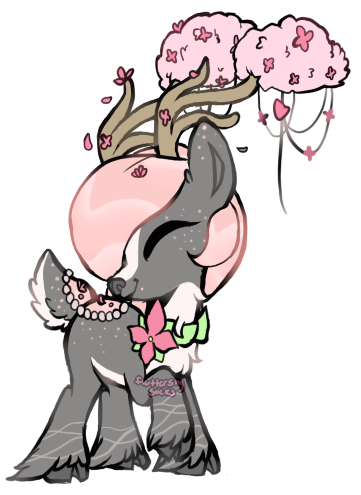 Size: 361x495 | Tagged: antlers, artist:php110, cloven hooves, commission, deer, deer pony, derpibooru import, eyes closed, flower, flower in hair, oc, original species, raised hoof, saddle, safe, simple background, smiling, solo, tack, transparent background, unofficial characters only, ych result