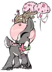 Size: 361x495 | Tagged: antlers, artist:php110, cloven hooves, commission, deer, deer pony, derpibooru import, eyes closed, flower, flower in hair, oc, original species, raised hoof, saddle, safe, simple background, smiling, solo, tack, transparent background, unofficial characters only, ych result