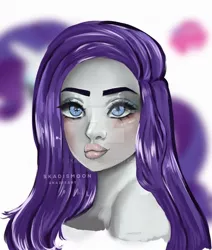 Size: 1280x1511 | Tagged: artist:skadismoon, bust, derpibooru import, deviantart watermark, human, humanized, obtrusive watermark, pony background, pony coloring, portrait, rarity, safe, signature, smiling, solo, watermark