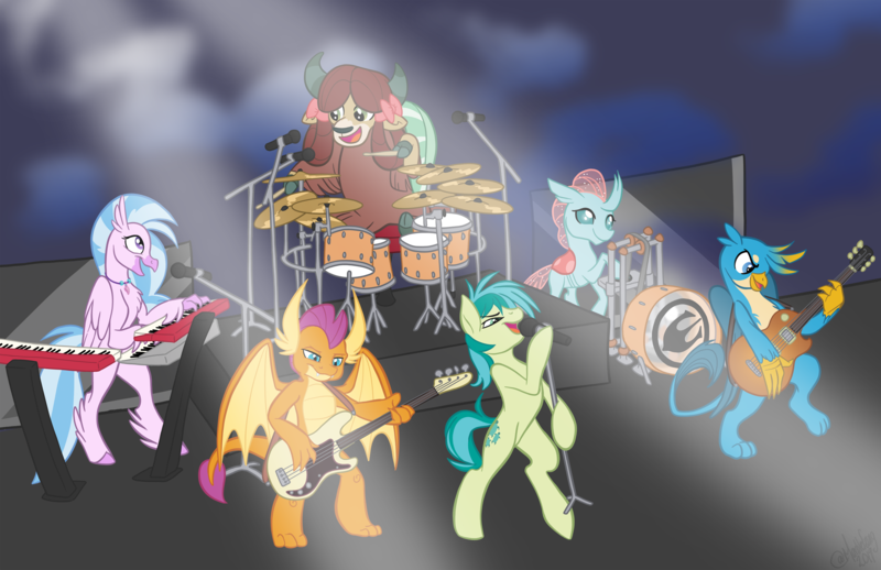 Size: 4096x2650 | Tagged: safe, artist:marblefang, derpibooru import, gallus, ocellus, sandbar, silverstream, smolder, yona, changeling, dragon, gryphon, hippogriff, pony, yak, bass drum, bass guitar, bipedal, concert, cute, diaocelles, diastreamies, drum kit, drums, electric guitar, europe (band), gallabetes, guitar, keyboard, musical instrument, sandabetes, smoke, smolderbetes, stage, student six, yonadorable