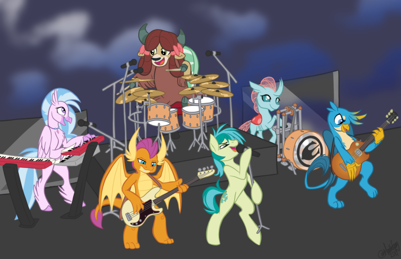 Size: 4096x2650 | Tagged: safe, alternate version, artist:marblefang, derpibooru import, gallus, ocellus, sandbar, silverstream, smolder, yona, changeling, dragon, gryphon, hippogriff, pony, yak, bass drum, bass guitar, bipedal, concert, cute, diaocelles, diastreamies, drum kit, drums, electric guitar, europe (band), gallabetes, guitar, keyboard, musical instrument, sandabetes, smoke, smolderbetes, stage, student six, yonadorable