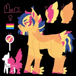 Size: 1000x1000 | Tagged: safe, artist:lepiswerid, derpibooru import, oc, oc:mars (lepiswerid), bat pony, pegasus, pony, black background, colored hooves, colored wings, cutie mark, fangs, feathered fetlocks, female, height difference, lineless, marsverse, offspring, pansexual, pansexual pride flag, parent:flash sentry, parent:twilight sparkle, parents:flashlight, pride, pride flag, reference, reference sheet, simple background, solo, sparkles, story included, tail feathers, uninterested, winged hooves, wings