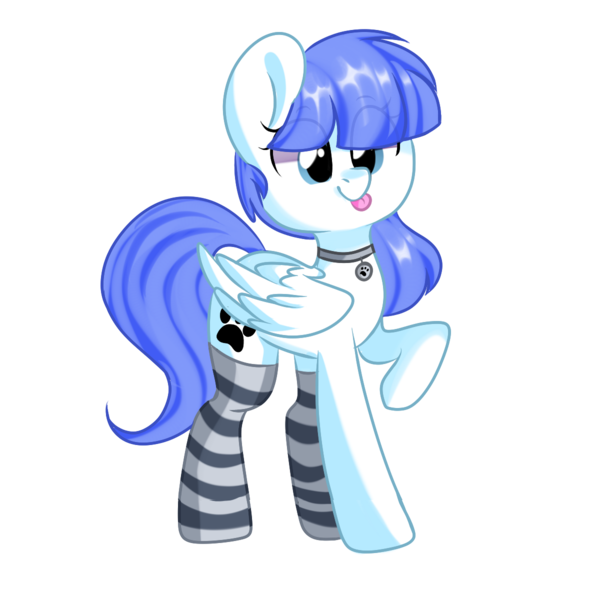 Size: 1200x1200 | Tagged: safe, artist:thieftea, derpibooru import, oc, oc:snow pup, unofficial characters only, pegasus, pony, clothes, collar, female, image, lifted leg, mare, png, simple background, socks, solo, standing, striped socks, tongue out, transparent background