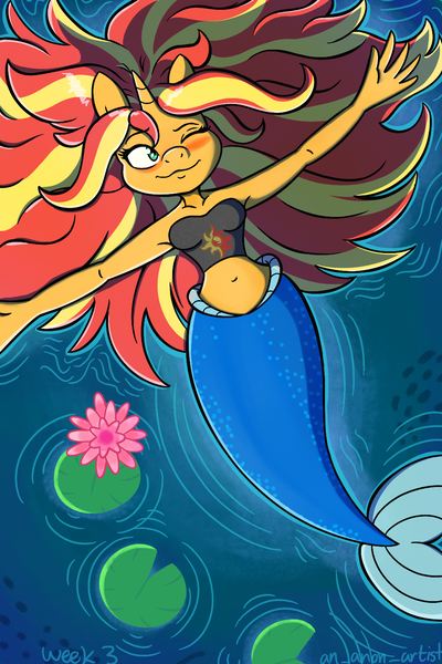 Size: 1000x1500 | Tagged: safe, artist:an_anon_artist, derpibooru import, sunset shimmer, anthro, mermaid, unicorn, armpits, belly button, blushing, clothes, cutie mark, cutie mark on clothes, lilypad, mermaidized, one eye closed, pond, relaxing, shirt, solo, species swap