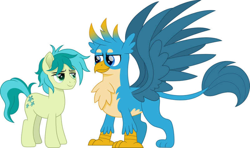 Size: 2529x1500 | Tagged: safe, artist:cloudyglow, derpibooru import, gallus, sandbar, earth pony, gryphon, pony, cloudyglowverse, alternate universe, bedroom eyes, chest fluff, cute, gallabetes, gallbar, gay, leonine tail, looking at each other, male, movie accurate, older, older gallus, older sandbar, raised tail, sandabetes, shipping, simple background, spread wings, stallion, tail, transparent background, wings