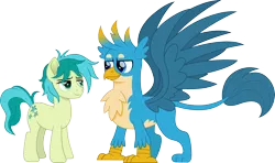 Size: 2529x1500 | Tagged: safe, artist:cloudyglow, derpibooru import, gallus, sandbar, earth pony, gryphon, pony, cloudyglowverse, alternate universe, bedroom eyes, chest fluff, cute, gallabetes, gallbar, gay, leonine tail, looking at each other, male, movie accurate, older, older gallus, older sandbar, raised tail, sandabetes, shipping, simple background, spread wings, stallion, tail, transparent background, wings