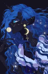 Size: 1024x1580 | Tagged: alicorn, artist:xieyanbbb, clothes, constellation, constellation freckles, crescent moon, dark skin, derpibooru import, dress, eared humanization, ear piercing, earring, freckles, horn, horned humanization, human, humanized, jewelry, moon, nail polish, open mouth, piercing, princess luna, profile, safe, solo, stars