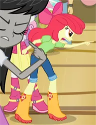 Size: 2915x3782 | Tagged: safe, derpibooru import, screencap, apple bloom, octavia melody, paisley, sandalwood, sweetie belle, equestria girls, rainbow rocks, angry, apple bloom's bow, boots, bow, clothes, cropped, eyes closed, hair bow, jeans, pants, pointing, shirt, shoes, skirt, solo focus