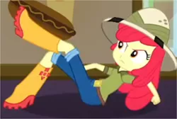Size: 1514x1019 | Tagged: safe, derpibooru import, screencap, apple bloom, eqg summertime shorts, equestria girls, the canterlot movie club, angry, boots, clothes, cropped, food, hat, hot dog, jeans, meat, pants, rolling, sausage, shirt, shoes, solo