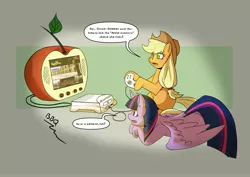 Size: 4096x2892 | Tagged: safe, artist:gryphon bbq, derpibooru import, applejack, twilight sparkle, twilight sparkle (alicorn), alicorn, earth pony, pony, animal crossing, apple pippin, controller, dexterous hooves, dialogue, duo, female, here's a tv that looks like an apple, hoof hold, implied sunset shimmer, mare, missing cutie mark, prone, racing days, speech bubble, television, video game