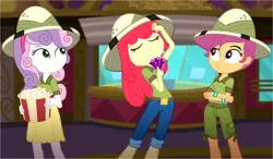 Size: 2648x1544 | Tagged: safe, derpibooru import, screencap, apple bloom, scootaloo, sweetie belle, eqg summertime shorts, equestria girls, the canterlot movie club, boots, clothes, crossed arms, cutie mark crusaders, dramatic, eyes closed, food, hand on head, hat, jeans, looking at someone, pants, popcorn, shirt, shoes, shorts, skirt, theater, ticket, tickets