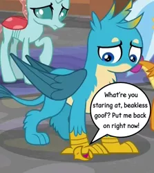 Size: 581x650 | Tagged: safe, derpibooru import, edit, edited screencap, screencap, gallus, ocellus, silverstream, smolder, changedling, changeling, gryphon, what lies beneath, beak, beakless, cartoon physics, claws, cropped, male, modular, monologue, no mouth, offscreen character, open beak, open mouth, paws, sad, speech bubble, talking, wat, wings