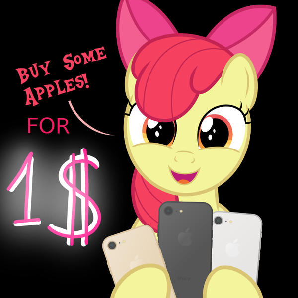 Size: 800x800 | Tagged: safe, artist:devfield, derpibooru import, edit, apple bloom, earth pony, pony, accessories, adorabloom, apple (company), apple bloom's bow, applebetes, bow, bust, buy some apples, cute, dialogue, female, filly, foal, hair bow, head tilt, holding, hoof hold, iphone, ipony, looking at you, mobile phone, open mouth, phone, product placement, pun, simple background, smartphone, smiling, smiling at you, solo, technology, text, transparent background, visual pun