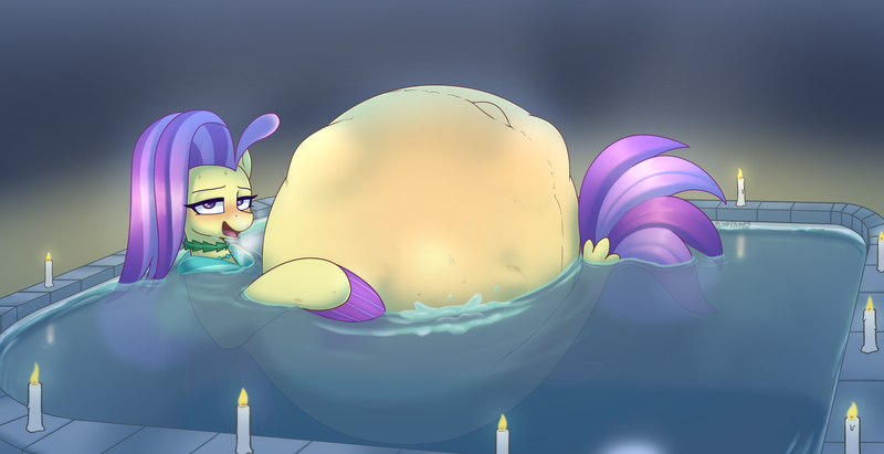 Size: 2660x1367 | Tagged: questionable, artist:puetsua, derpibooru import, ocean flow, seapony (g4), aroused, belly, belly button, big belly, blushing, candle, commission, female, hot tub, huge belly, hyper, hyper belly, hyper pregnancy, impossibly large belly, kicking, labor, outie belly button, panting, pregnant, solo, solo female