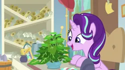 Size: 1920x1080 | Tagged: safe, derpibooru import, screencap, phyllis, starlight glimmer, pony, unicorn, a horse shoe-in, female, inkwell, mare, philodendron, potted plant, quill, scroll, solo, starlight's office