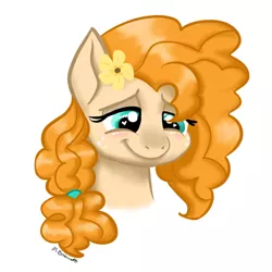 Size: 1024x1024 | Tagged: safe, artist:caulfieldsprice, derpibooru import, pear butter, earth pony, pony, the perfect pear, blushing, buttercup, female, flower, flower in hair, freckles, heart, heart eyes, mare, smiling, solo, wingding eyes