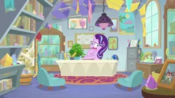 Size: 1920x1080 | Tagged: safe, derpibooru import, screencap, phyllis, starlight glimmer, pony, unicorn, a horse shoe-in, book, bookshelf, box kite, faic, female, inkwell, kite, mare, office, philodendron, potted plant, quill, scroll, solo, starlight's office, wavy mouth