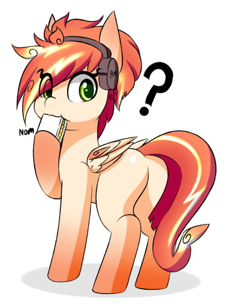 Size: 1500x2000 | Tagged: safe, artist:rice, derpibooru import, oc, oc:tomyum, unofficial characters only, pegasus, pony, butt, cute, eating, headphones, nom, plot, question mark, simple background, thailand, transparent background