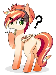 Size: 1500x2000 | Tagged: safe, artist:rice, derpibooru import, oc, oc:tomyum, unofficial characters only, pegasus, pony, butt, cute, eating, headphones, nom, plot, question mark, simple background, thailand, transparent background