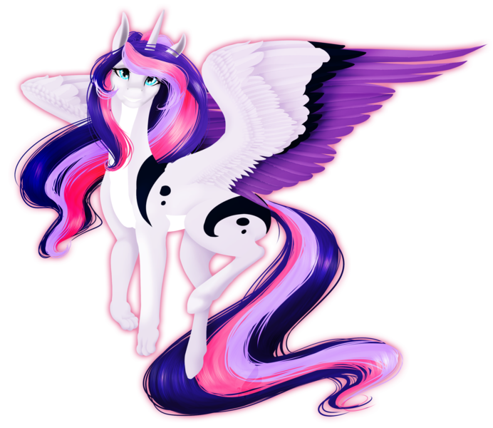 Size: 2626x2278 | Tagged: safe, artist:oneiria-fylakas, derpibooru import, oc, oc:askey, unofficial characters only, alicorn, pony, alicorn oc, colored wings, female, horn, looking at you, magical lesbian spawn, mare, multicolored wings, offspring, outline, parent:princess luna, parent:twilight sparkle, parents:twiluna, paws, simple background, solo, transparent background, wings