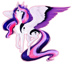 Size: 2626x2278 | Tagged: safe, artist:oneiria-fylakas, derpibooru import, oc, oc:askey, unofficial characters only, alicorn, pony, alicorn oc, colored wings, female, horn, looking at you, magical lesbian spawn, mare, multicolored wings, offspring, outline, parent:princess luna, parent:twilight sparkle, parents:twiluna, paws, simple background, solo, transparent background, wings