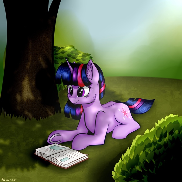 Size: 3000x3000 | Tagged: safe, artist:brilliant-luna, artist:brilliantluna, derpibooru import, twilight sparkle, pony, unicorn, book, bush, cheek fluff, dappled sunlight, ear fluff, female, grass, high res, horseshoes, lying, mare, prone, reading, smiling, solo, summer, tree, unicorn twilight