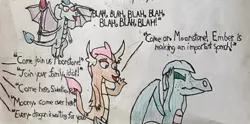 Size: 658x326 | Tagged: artist:whistle blossom, autism, covering ears, derpibooru import, dialogue, dragon, eyes closed, female, frown, oc, oc:moonstone the dragon, offscreen character, princess ember, safe, simple background, smolder, teenaged dragon, teenager, traditional art, trio, trio female, white background