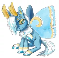 Size: 1393x1353 | Tagged: arctic, artist:buttercupsaiyan, artist:watercolorheart, blue, bug eyes, derpibooru import, eyeshadow, female, icy, insect, makeup, moth, mothpony, oc, oc:frost shard, oc:frostshard, original species, safe, yellow