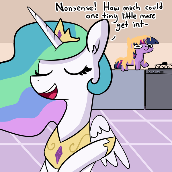 Size: 2250x2250 | Tagged: safe, artist:tjpones, derpibooru import, part of a set, princess celestia, twilight sparkle, alicorn, pony, unicorn, batter, deep frier, dialogue, em dash, female, food, jewelry, mare, regalia, twiggie, unicorn twilight