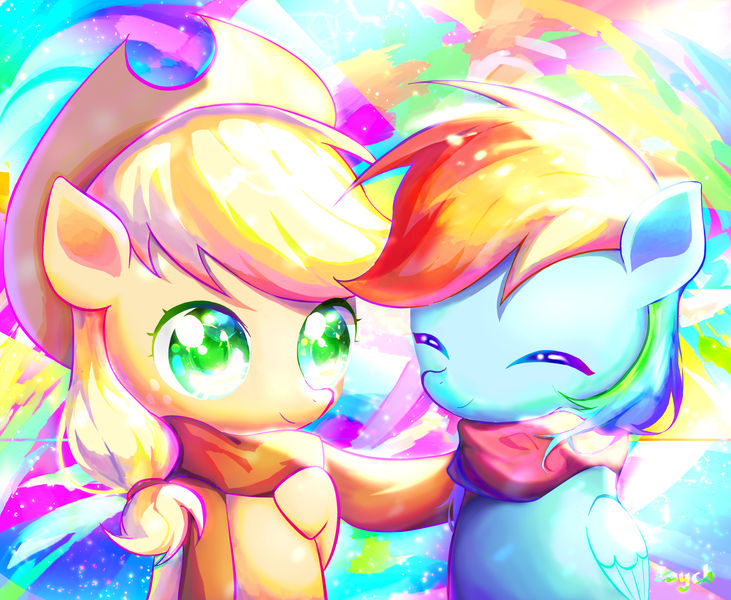 Size: 2765x2271 | Tagged: safe, artist:bronyazaych, derpibooru import, applejack, rainbow dash, pegasus, appledash, applejack's hat, clothes, cowboy hat, eyes closed, female, hat, lesbian, scarf, shipping