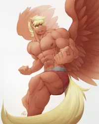 Size: 991x1237 | Tagged: abs, anthro, artist:ponyanony, clothes, derpibooru import, male, muscles, nudity, oc, oc:flex, partial nudity, pecs, pegasus, suggestive, topless, unguligrade anthro, unofficial characters only