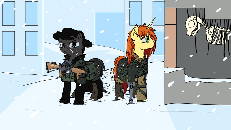 Size: 1920x1080 | Tagged: safe, artist:bluesyblues, artist:hunter992, derpibooru import, oc, oc:ardent flame, oc:fury, earth pony, unicorn, fallout equestria, amputee, armor, bone, cripple, crippled, gun, handgun, hat, prosthetic leg, prosthetic limb, prosthetics, revolver, ruins, scar, service rifle, skeleton, snow, snowfall, soldiers, vanhoover, weapon, winter