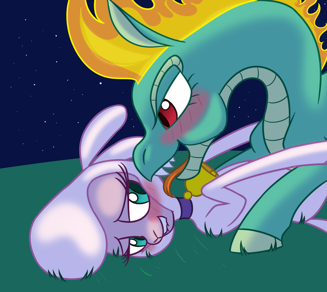 Size: 1320x1177 | Tagged: suggestive, artist:ponysickle, derpibooru import, pom lamb, tianhuo, dragon, hybrid, longma, sheep, them's fightin' herds, community related, female, lamb, lesbian, licking, night, pomhuo, shipping, tongue out