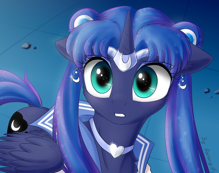 Size: 3800x3000 | Tagged: safe, artist:astery, derpibooru import, princess luna, alicorn, pony, crossover, cute, female, high res, lunabetes, mare, sailor luna, sailor moon, sailor moon redraw meme, serena tsukino, solo, tsukino usagi