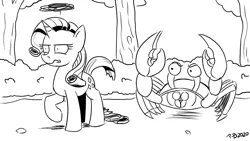 Size: 1200x675 | Tagged: artist:pony-berserker, crab, crab battle, derpibooru import, giant crab, imminent death, moments before disaster, monochrome, peace was never an option, pony-berserker's twitter sketches, rarity, rarity fighting a giant crab, reference to another series, safe, this will end in death, this will not end well
