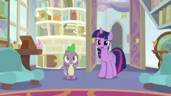 Size: 1920x1080 | Tagged: safe, derpibooru import, screencap, spike, twilight sparkle, twilight sparkle (alicorn), alicorn, dragon, pony, a horse shoe-in, book, bookshelf, couch, duo, female, male, mare, philodendron, potted plant, scroll, starlight's office, winged spike