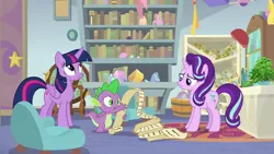 Size: 1920x1080 | Tagged: safe, derpibooru import, screencap, phyllis, spike, starlight glimmer, twilight sparkle, twilight sparkle (alicorn), alicorn, dragon, pony, unicorn, a horse shoe-in, book, bookshelf, chair, female, globe, list, male, mare, philodendron, potted plant, scroll, starlight's office, trio, winged spike