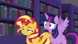 Size: 1280x720 | Tagged: safe, derpibooru import, edit, edited screencap, screencap, sunset shimmer, twilight sparkle, twilight sparkle (alicorn), alicorn, equestria girls, equestria girls series, forgotten friendship, book, bookgasm, bookshelf, canterlot library, jaw drop, library, shocked, smiling, smugset shimmer, spread wings, that pony sure does love books, wingboner, wings