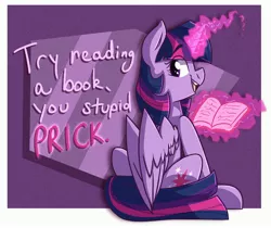 Size: 3254x2736 | Tagged: safe, artist:modularpon, artist:themodpony, deleted from derpibooru, derpibooru import, twilight sparkle, twilight sparkle (alicorn), alicorn, pony, book, dialogue, dissonant caption, female, glowing horn, horn, looking at you, looking back, looking back at you, magic, magic aura, mare, read a book, reading, sitting, solo, telekinesis, text, vulgar