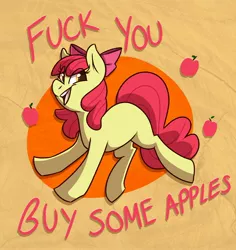 Size: 2904x3072 | Tagged: safe, artist:modularpon, artist:themodpony, deleted from derpibooru, derpibooru import, apple bloom, earth pony, pony, apple, buy some apples, dialogue, female, filly, food, open mouth, solo, vulgar